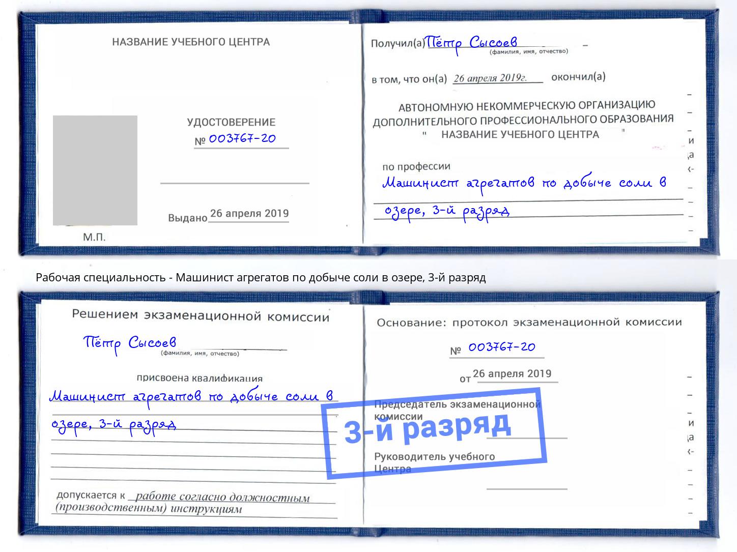 корочка 3-й разряд Машинист агрегатов по добыче соли в озере Нефтекамск