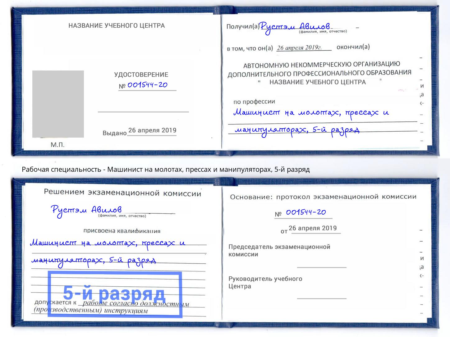 корочка 5-й разряд Машинист на молотах, прессах и манипуляторах Нефтекамск