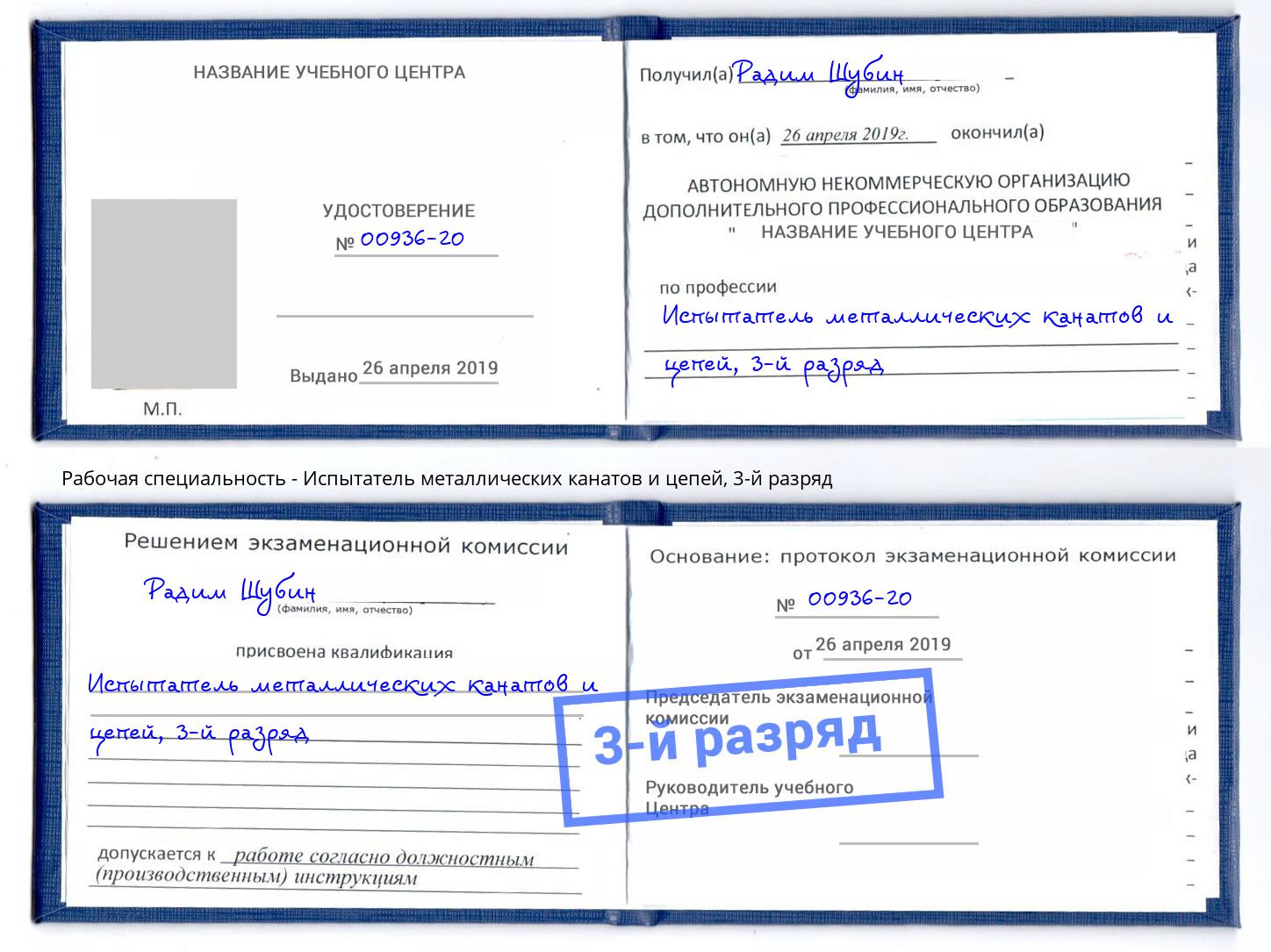 корочка 3-й разряд Испытатель металлических канатов и цепей Нефтекамск