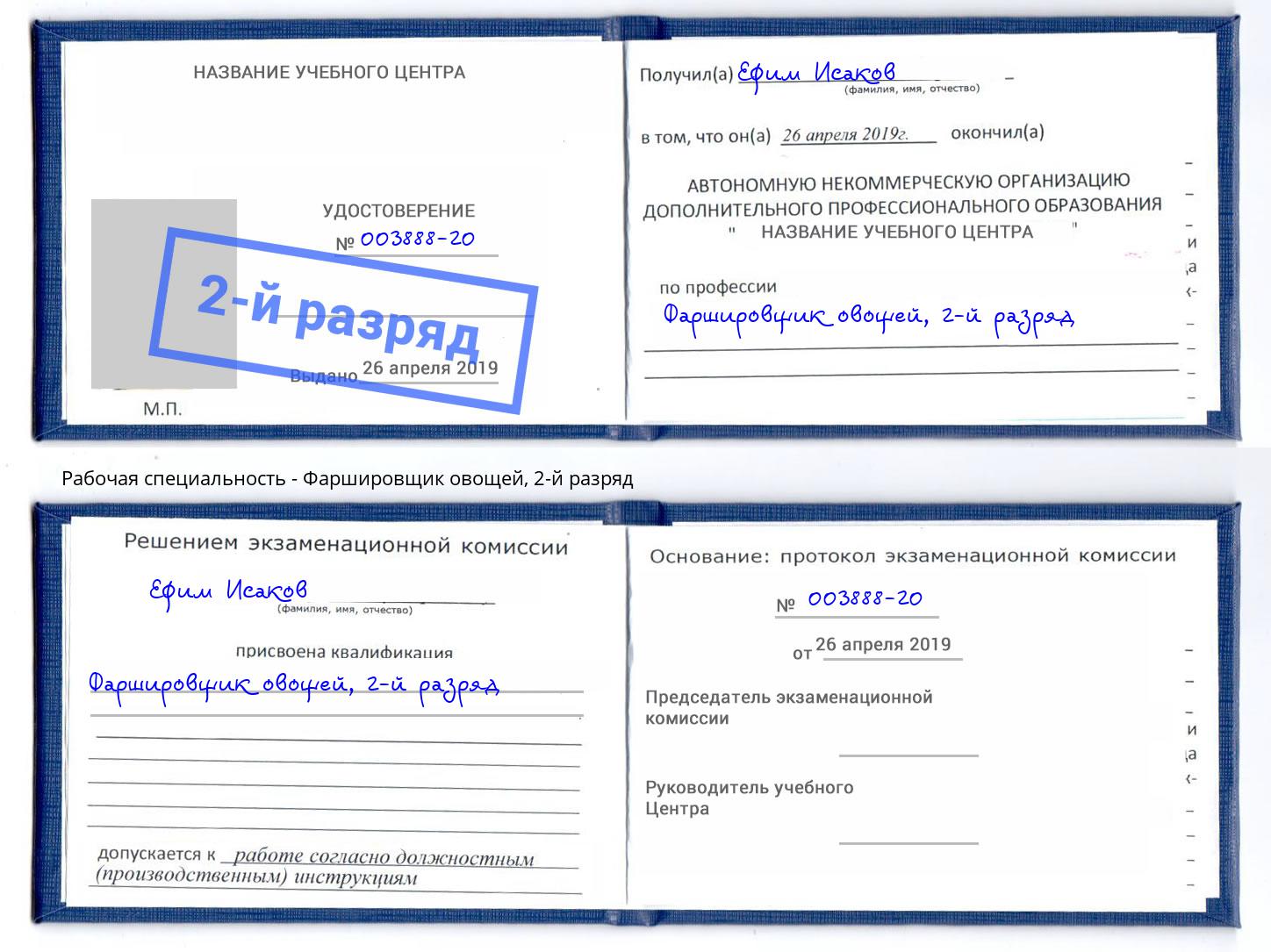 корочка 2-й разряд Фаршировщик овощей Нефтекамск